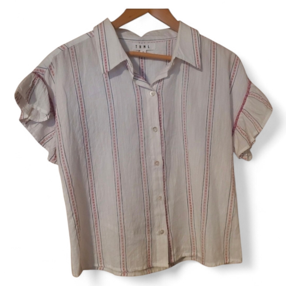 THML / ANTHROPOLOGIE Striped  Stitched Ruffle Sleeve Button Down Top - Small